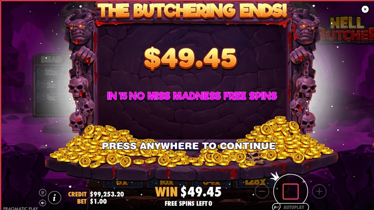 Tampilan visual slot Hell Butcher dengan tema horor dan grid cluster pays