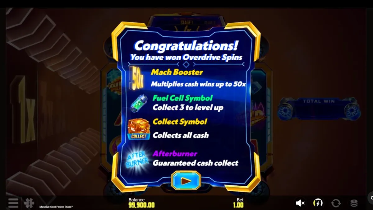 Tampilan visual futuristik dari slot Massive Gold Power Staxx dengan tema galaksi neon.